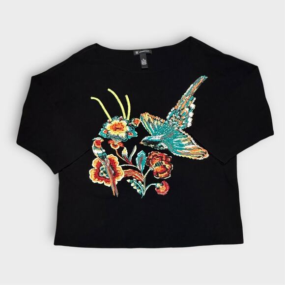 INC INTERNATIONAL CONCEPTS BLACK FLORAL BIRD EMBROIDERY SWEATER XL - Picture 1 of 9